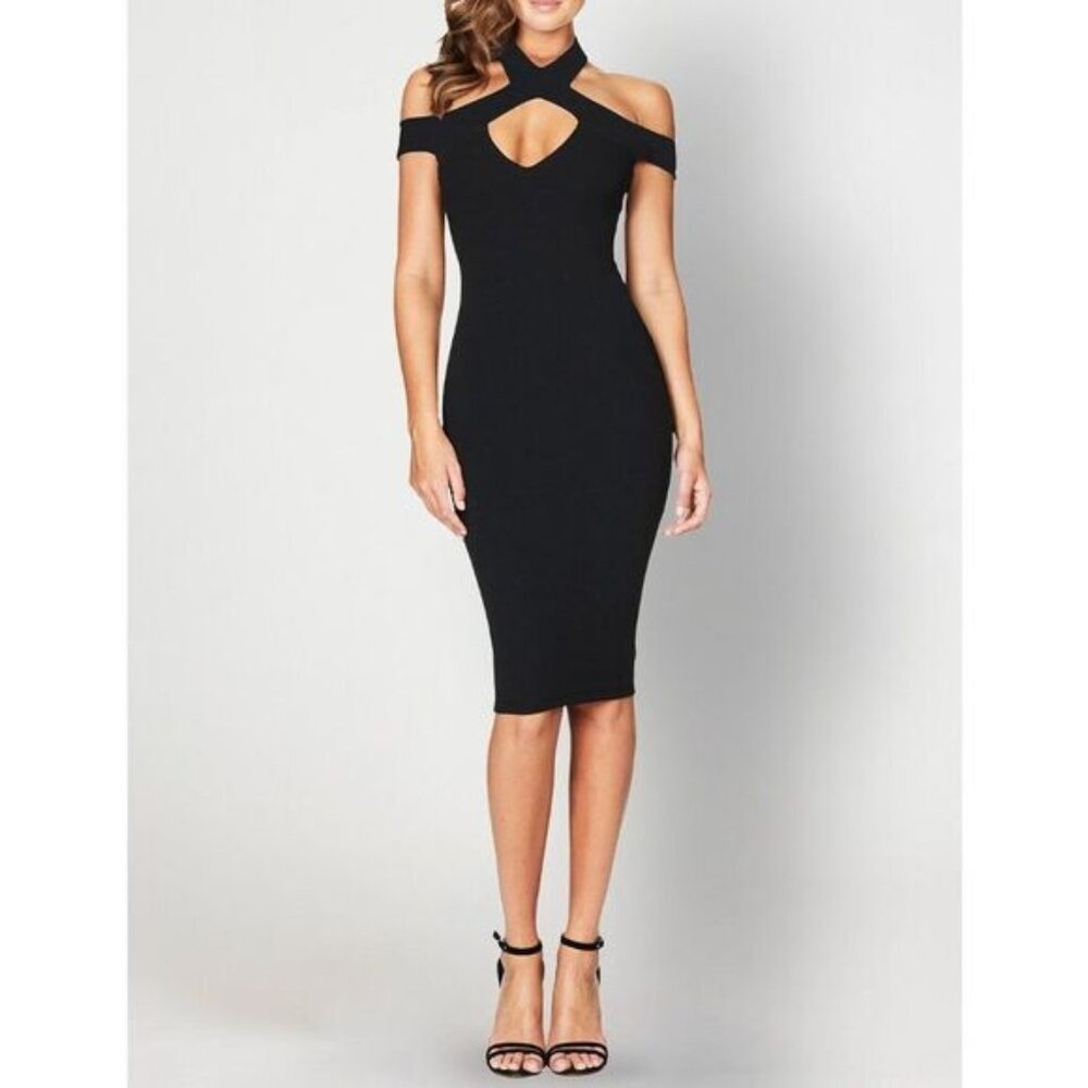 Nookie Hollywood Off the Shoulder Cut Out Crossover Neck Midi Dress Black S